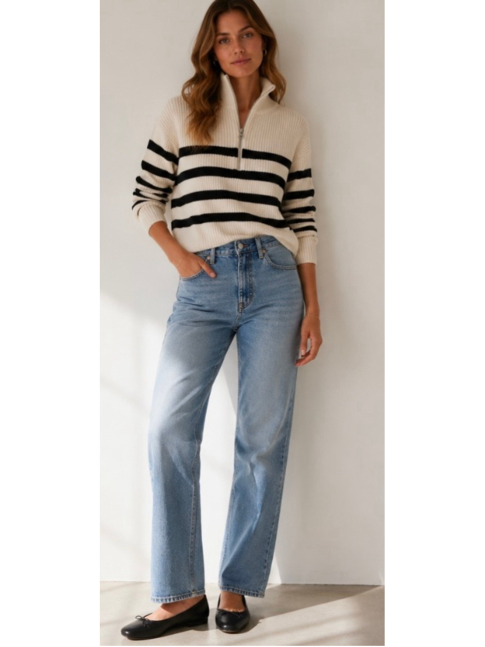 & Other Stories Striped Quarter-Zip Sweater Beige Ink Size M New!